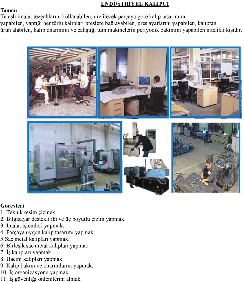 Görevleri 1: Teknik resim çizmek. 2: Bilgisayar destekli iki ve üç boyutlu çizim yapmak. 3: İmalat işlemleri yapmak. 4: Parçaya uygun kalıp tasarımı yapmak.