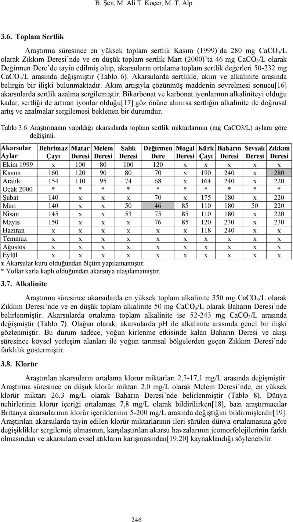tayin edilmiş olup, akarsuların ortalama toplam sertlik değerleri 50-232 mg CaCO 3 /L arasında değişmiştir (Tablo 6).