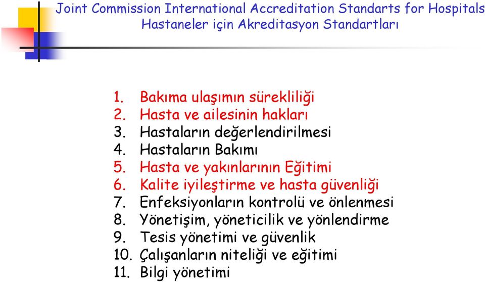 Hasta ve yakınlarının Eğitimi 6. Kalite iyileştirme ve hasta güvenliği 7. Enfeksiyonların kontrolü ve önlenmesi 8.