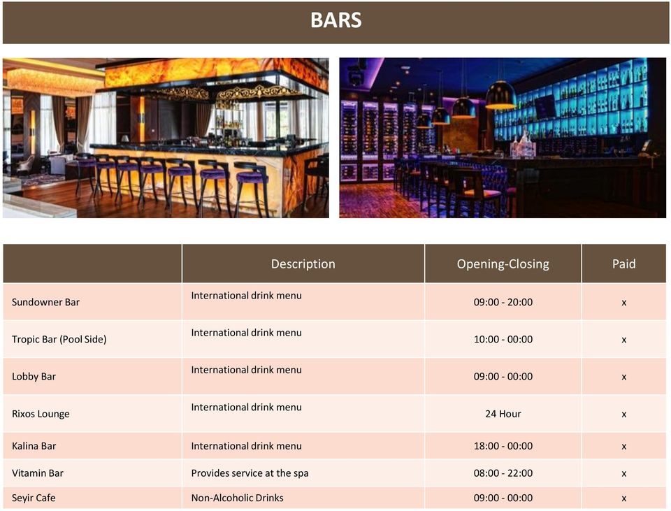 09:00-00:00 x Rixos Lounge International drink menu 24 Hour x Kalina Bar International drink menu