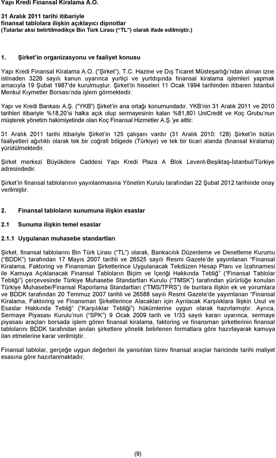 Şirket in hisseleri 11 Ocak 1994 tarihinden itibaren İstanbul Menkul Kıymetler Borsası nda işlem görmektedir. Yapı ve Kredi Bankası A.Ş. ( YKB ) Şirket in ana ortağı konumundadır.