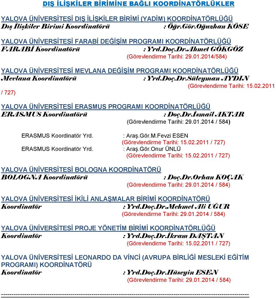 2014/584) YALOVA ÜNİVERSİTESİ MEVLANA DEĞİŞİM PROGRAMI KOORDİNATÖRLÜĞÜ Mevlana Koordinatörü : Yrd.Doç.Dr.Süleyman AYDIN (Görevlendirme Tarihi: 15.02.