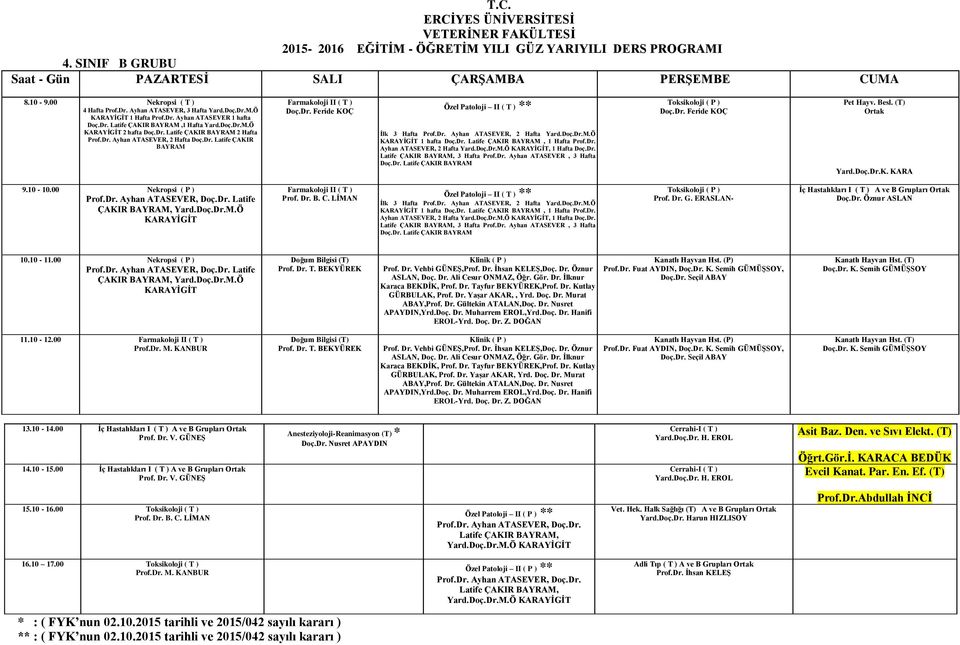 Dr. Ayhan ATASEVER, 2 Hafta Yard.Doç.Dr.M.Ö KARAYİGİT 1 hafta Doç.Dr. Latife ÇAKIR BAYRAM, 1 Hafta Prof.Dr. Ayhan ATASEVER, 2 Hafta Yard.Doç.Dr.M.Ö KARAYİGİT, 1 Hafta Doç.Dr. Latife ÇAKIR BAYRAM, 3 Hafta Prof.