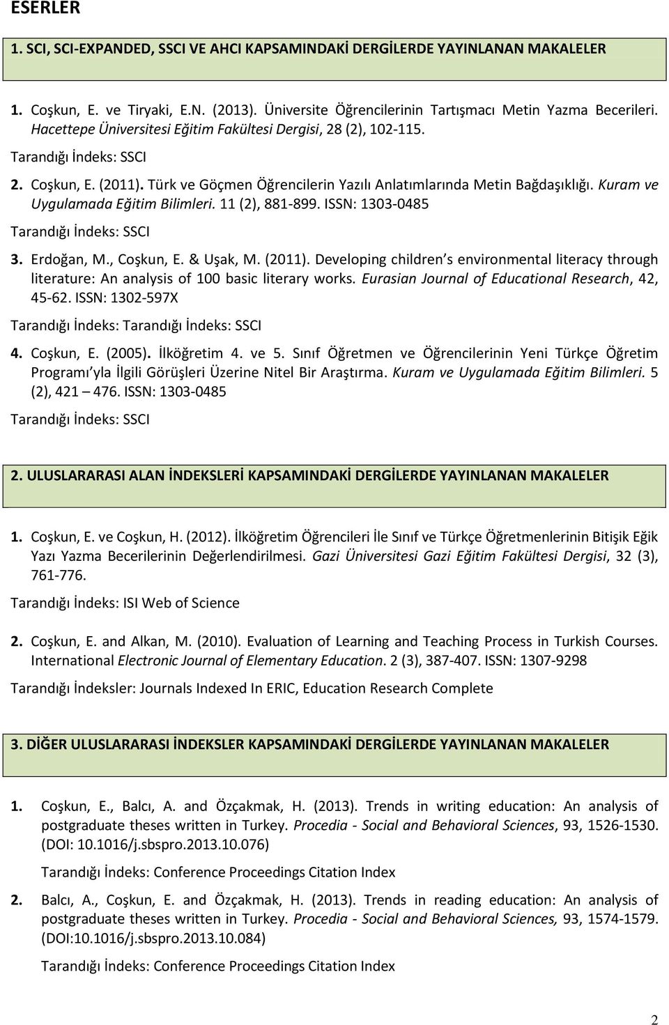 Kuram ve Uygulamada Eğitim Bilimleri. 11 (2), 881-899. ISSN: 1303-0485 Tarandığı İndeks: SSCI 3. Erdoğan, M., Coşkun, E. & Uşak, M. (2011).