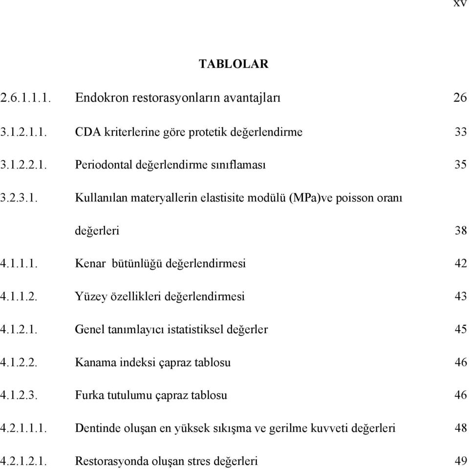 1.2.1. Genel tanımlayıcı istatistiksel değerler 45 4.1.2.2. Kanama indeksi çapraz tablosu 46 4.1.2.3. Furka tutulumu çapraz tablosu 46 4.2.1.1.1. Dentinde oluşan en yüksek sıkışma ve gerilme kuvveti değerleri 48 4.