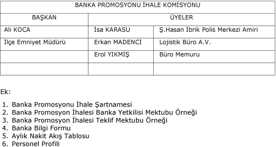 Erol YIKMIŞ Büro Memuru Ek: 1. Banka Promosyonu İhale Şartnamesi 2.