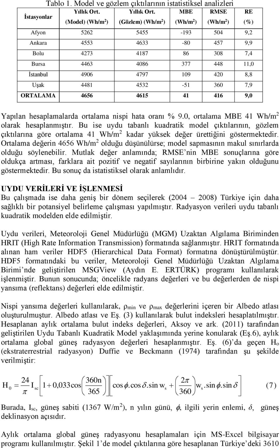 4532-51 360 7,9 ORTALAMA 4656 4615 41 416 9,0 Yapılan hesaplamalarda ortalama nispi hata oranı % 9.0, ortalama MBE 41 Wh/m 2 olarak hesaplanmıştır.