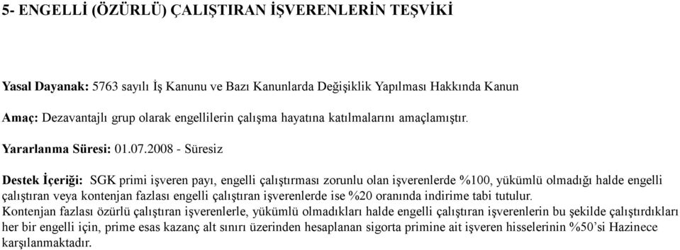 2008 - Süresiz Destek İçeriği: SGK primi işveren payı, engelli çalıştırması zorunlu olan işverenlerde %100, yükümlü olmadığı halde engelli çalıştıran veya kontenjan fazlası engelli çalıştıran