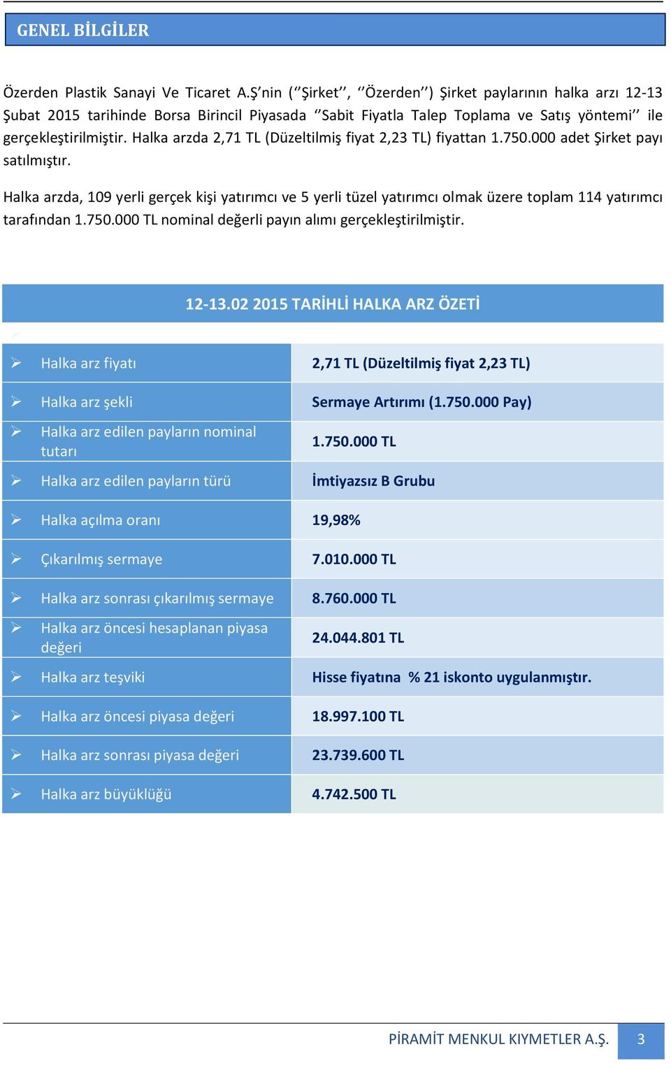 Halka arzda 2,71 TL (Düzeltilmiş fiyat 2,23 TL) fiyattan 1.750.000 adet Şirket payı satılmıştır.