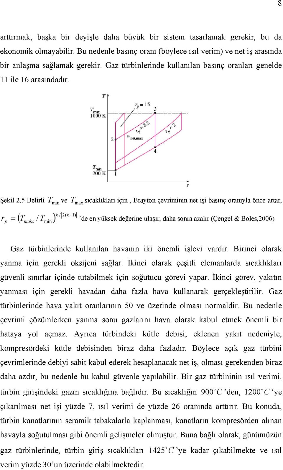 5 Belirli T Tmin ve max sıcaklıkları için, Brayton çevriminin net işi basınç oranıyla önce artar, r p k / ( k 1) ( T / T ) maks min de en yüksek değerine ulaşır, daha sonra azalır (Çengel &