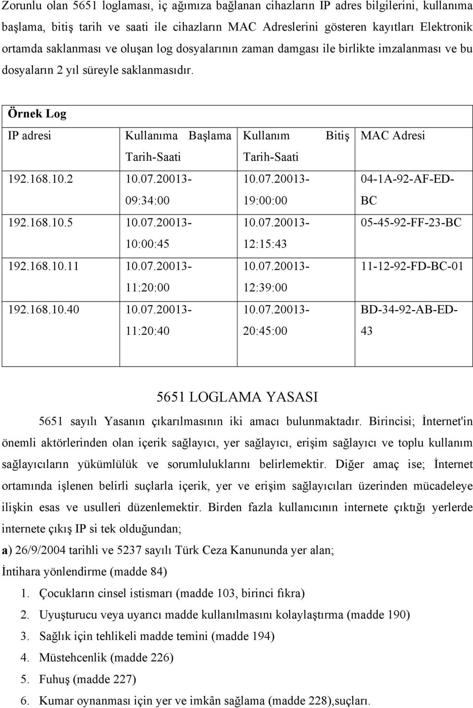 Örnek Log IP adresi Kullanıma Başlama Kullanım Bitiş MAC Adresi Tarih-Saati Tarih-Saati 192.168.10.2 04-1A-92-AF-ED- 09:34:00 19:00:00 BC 192.168.10.5 05-45-92-FF-23-BC 10:00:45 12:15:43 192.168.10.11 11-12-92-FD-BC-01 11:20:00 12:39:00 192.