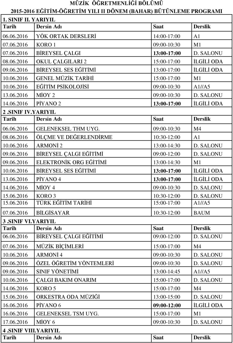 06.2016 MİOY 2 09:00-10:30 D. SALONU 14.06.2016 PİYANO 2 13:00-17:00 İLGİLİ ODA 06.06.2016 GELENEKSEL THM UYG. 09:00-10:30 M4 08.06.2016 ÖLÇME VE DEĞERLENDİRME 10:30-12:00 A1 10.06.2016 ARMONİ 2 13:00-14:30 D.