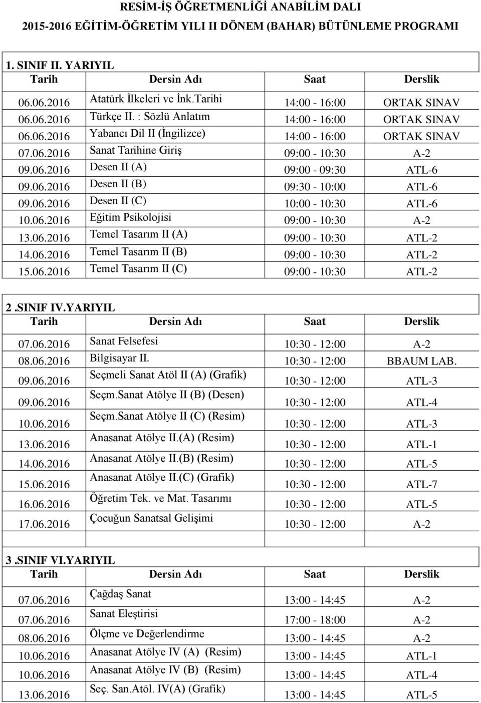 06.2016 Desen II (C) 10:00-10:30 ATL-6 10.06.2016 Eğitim Psikolojisi 09:00-10:30 A-2 13.06.2016 Temel Tasarım II (A) 09:00-10:30 ATL-2 14.06.2016 Temel Tasarım II (B) 09:00-10:30 ATL-2 15.06.2016 Temel Tasarım II (C) 09:00-10:30 ATL-2 07.