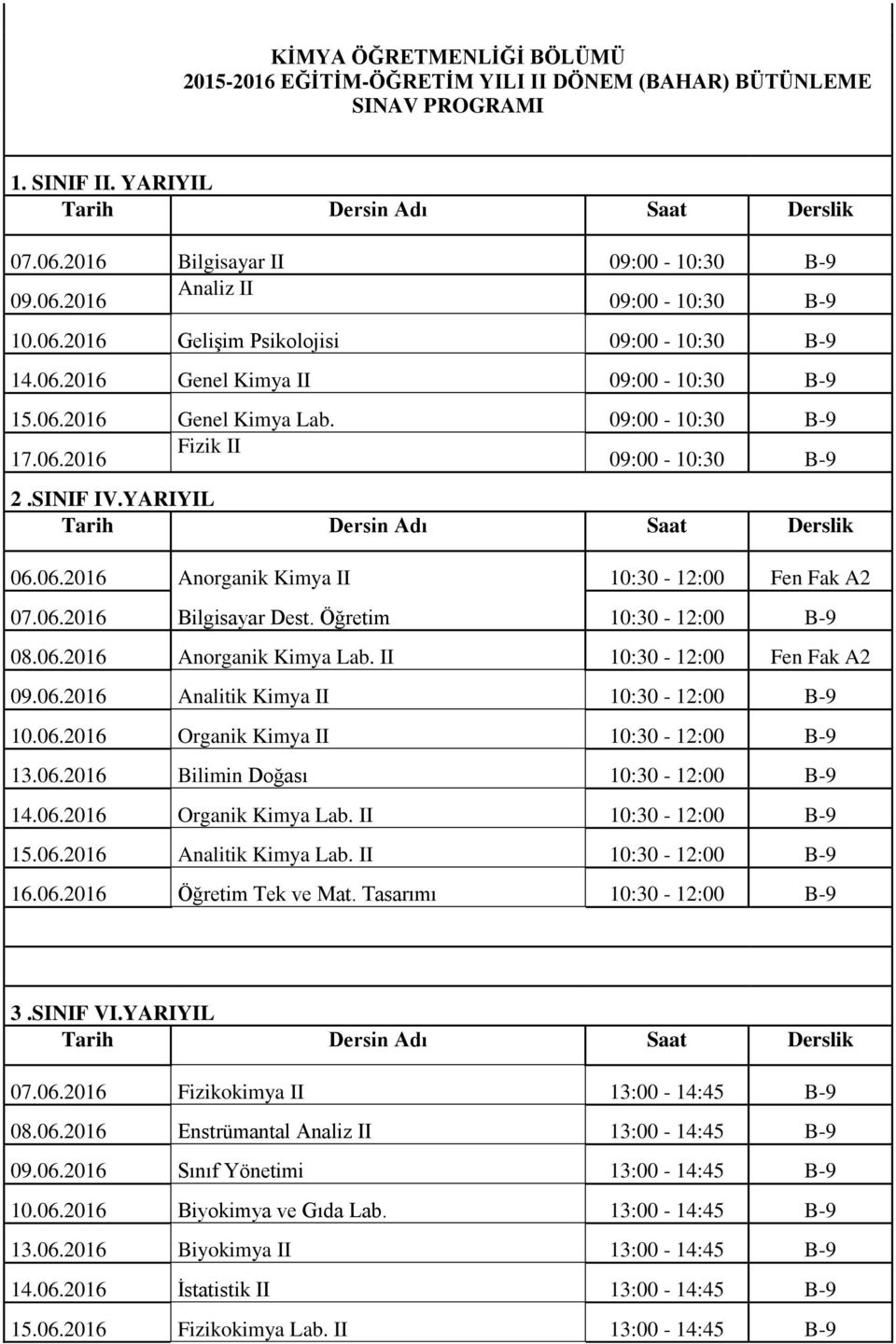 06.2016 Bilgisayar Dest. Öğretim 10:30-12:00 B-9 08.06.2016 Anorganik Kimya Lab. II 10:30-12:00 Fen Fak A2 09.06.2016 Analitik Kimya II 10:30-12:00 B-9 10.06.2016 Organik Kimya II 10:30-12:00 B-9 13.