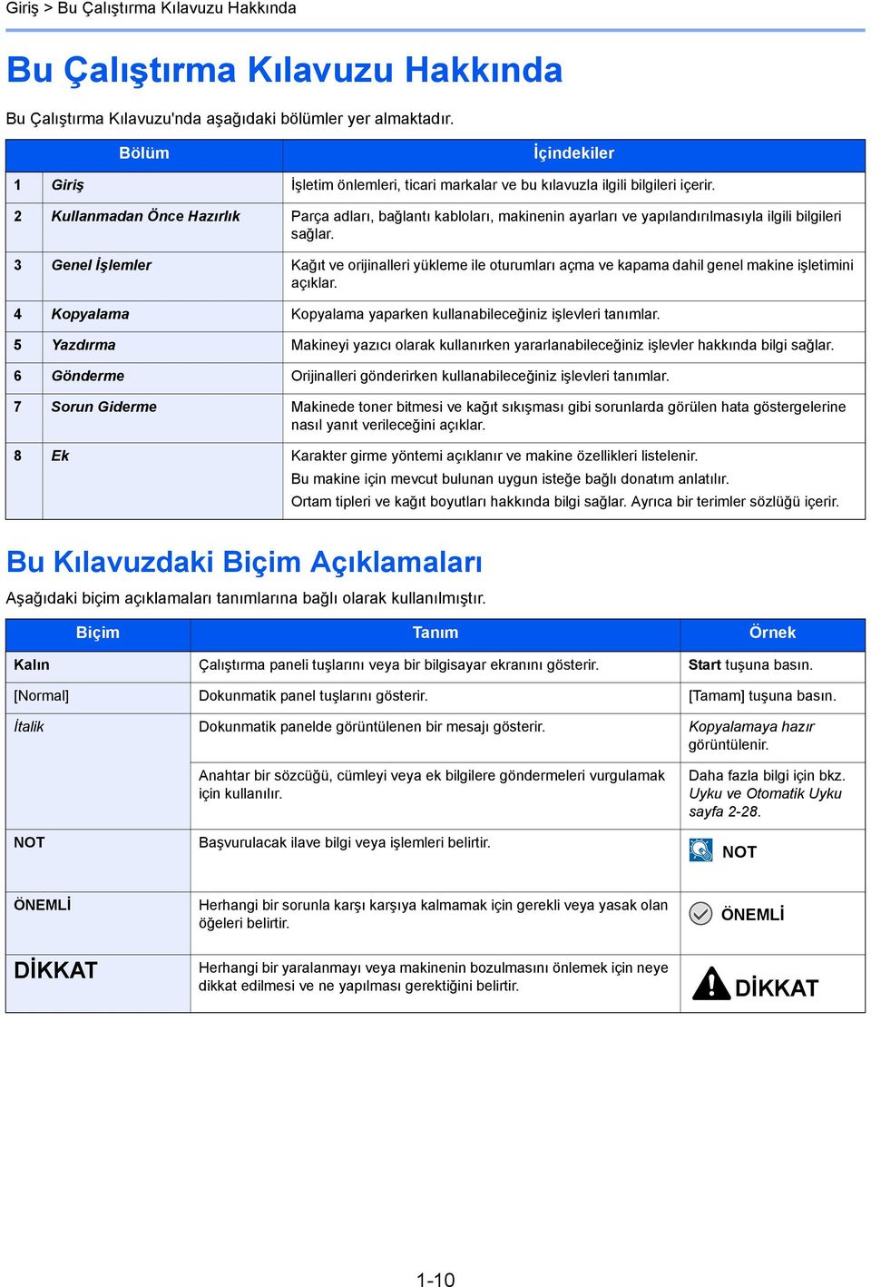 Kullanmadan Önce Hazırlık Parça adları, bağlantı kabloları, makinenin ayarları ve yapılandırılmasıyla ilgili bilgileri sağlar.