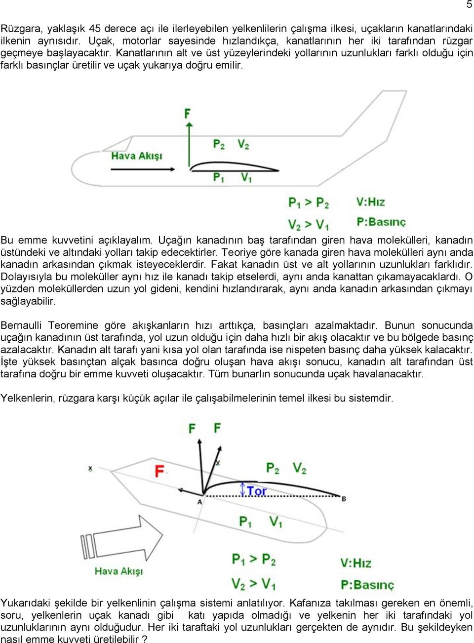 Kanatlarının alt ve üst yüzeylerindeki yollarının uzunlukları farklı olduğu için farklı basınçlar üretilir ve uçak yukarıya doğru emilir. 5 Bu emme kuvvetini açıklayalım.