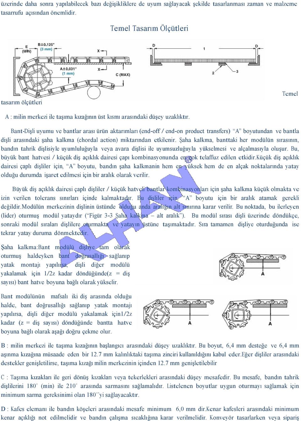 Bant-Dişli uyumu ve bantlar arası ürün aktarımları (end-off / end-on product transfers) A boyutundan ve bantla dişli arasındaki şaha kalkma (chordal action) miktarından etkilenir.