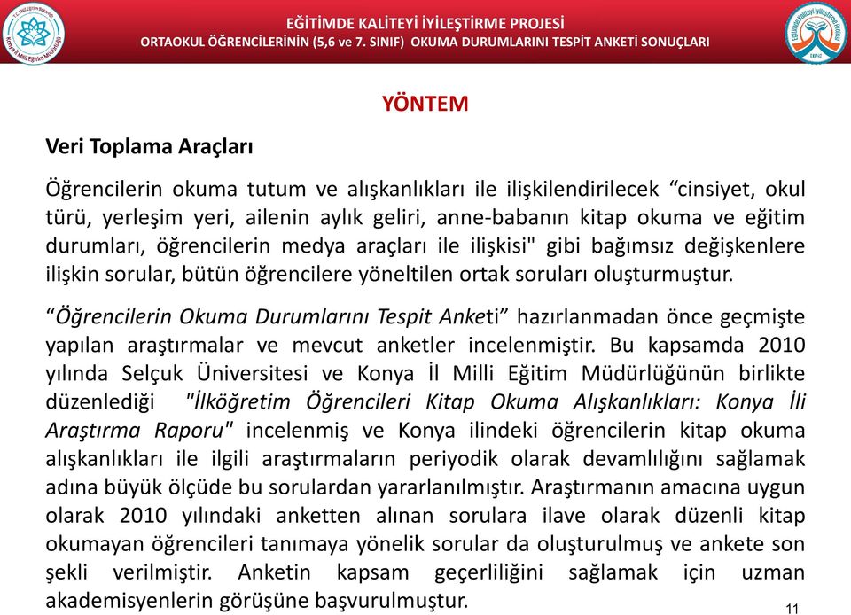 Öğrencilerin Okuma Durumlarını Tespit Anketi hazırlanmadan önce geçmişte yapılan araştırmalar ve mevcut anketler incelenmiştir.