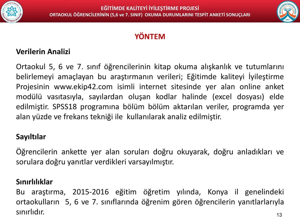 SPSS18 programına bölüm bölüm aktarılan veriler, programda yer alan yüzde ve frekans tekniği ile kullanılarak analiz edilmiştir.