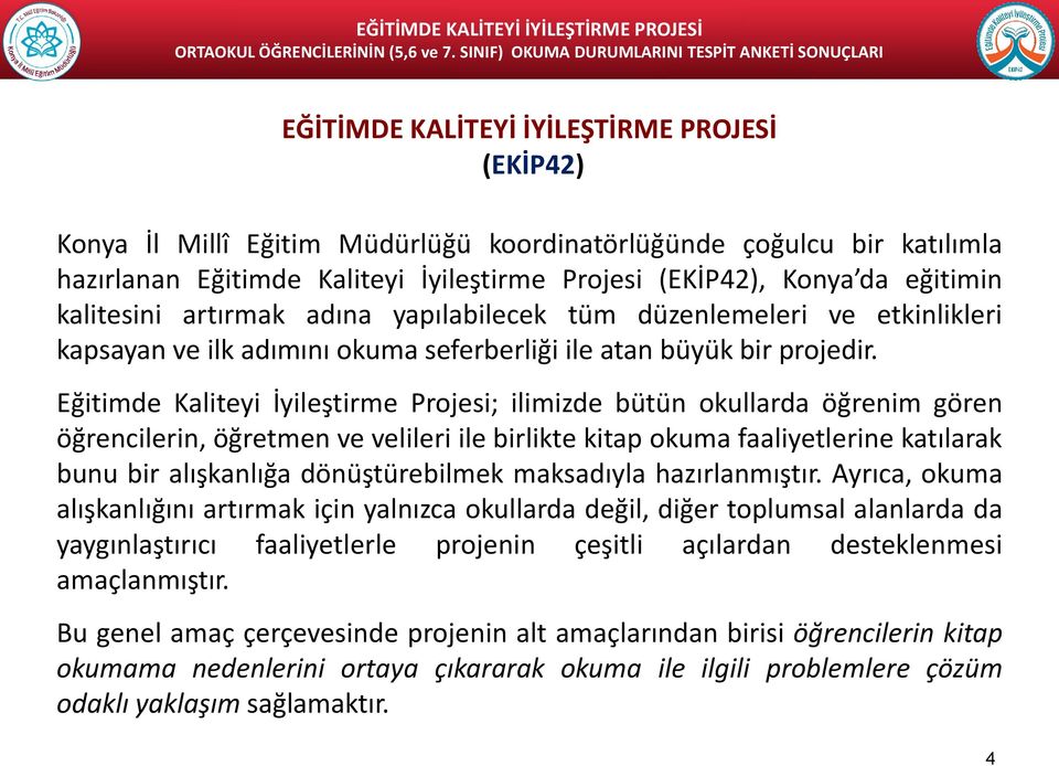 Eğitimde Kaliteyi İyileştirme Projesi; ilimizde bütün okullarda öğrenim gören öğrencilerin, öğretmen ve velileri ile birlikte kitap okuma faaliyetlerine katılarak bunu bir alışkanlığa dönüştürebilmek