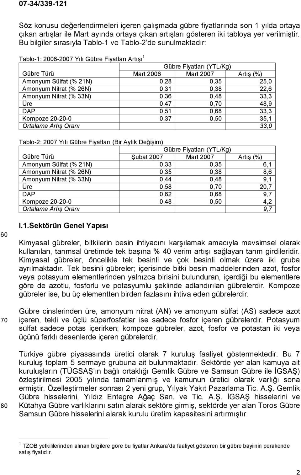 0,28 0,35 25,0 Amonyum Nitrat (% 26N) 0,31 0,38 22,6 Amonyum Nitrat (% 33N) 0,36 0,48 33,3 Üre 0,47 0,70 48,9 DAP 0,51 0,68 33,3 Kompoze 20-20-0 0,37 0,50 35,1 Ortalama Artış Oranı 33,0 Tablo-2: 2007