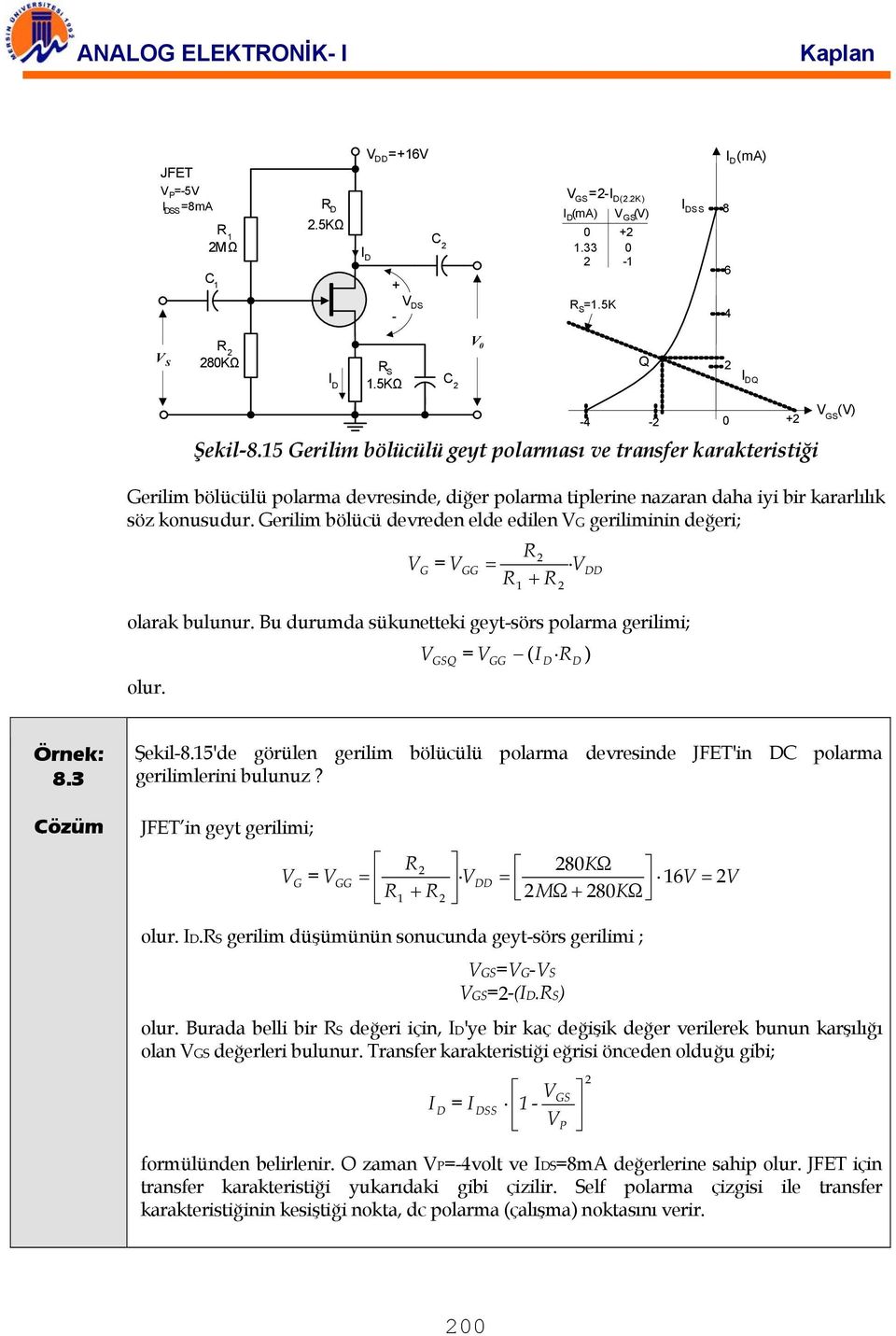 erilim bölücü devrede elde edile gerilimii değeri; = R = R + R olarak buluur. Bu durumda sükuetteki geyt-sörs olarma gerilimi; olur. Q = 1 ( R ) Örek: 8.3 Çözüm Şekil-8.