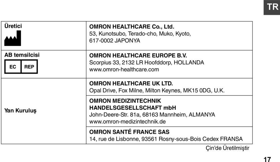 omron-healthcare.com OMRON HEALTHCARE UK LTD. Opal Drive, Fox Milne, Milton Keynes, MK15 0DG, U.K. OMRON MEDIZINTECHNIK HANDELSGESELLSCHAFT mbh John-Deere-Str.