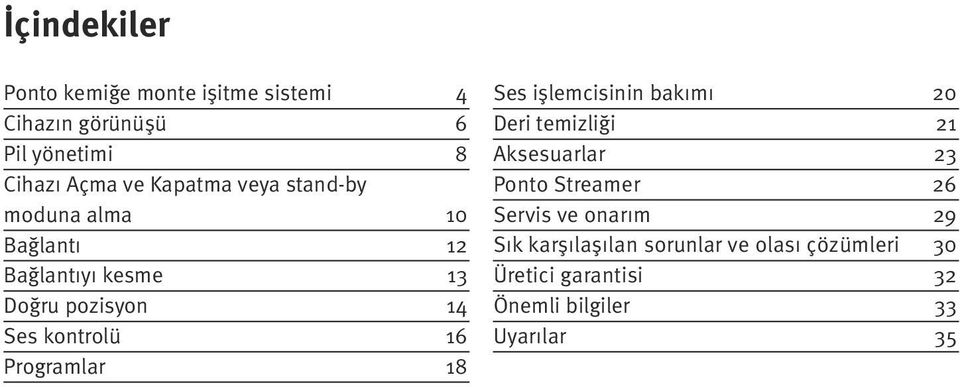 Programlar 18 Ses işlemcisinin bakımı 20 Deri temizliği 21 Aksesuarlar 23 Ponto Streamer 26 Servis ve