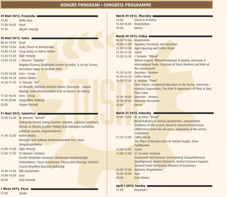 00 Soru - Cevap 16.00-16.30 Kahve Molası 16.30-17.30 II. Oturum: Un Un ihracatı, Sektörde Mesleki Eğitim, Üniversite - Sanayi İşbirliği, Unun Beslenmedeki Rolü ve Önemi, Un Tebliği 17.30-18.