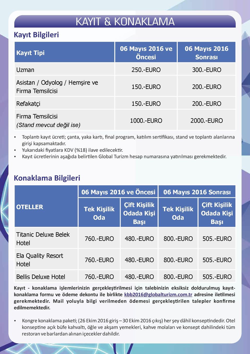 Yukarıdaki fiyatlara KDV (%18) ilave edilecek r. Kayıt ücretlerinin aşağıda belir len Global Turizm hesap numarasına ya rılması gerekmektedir.