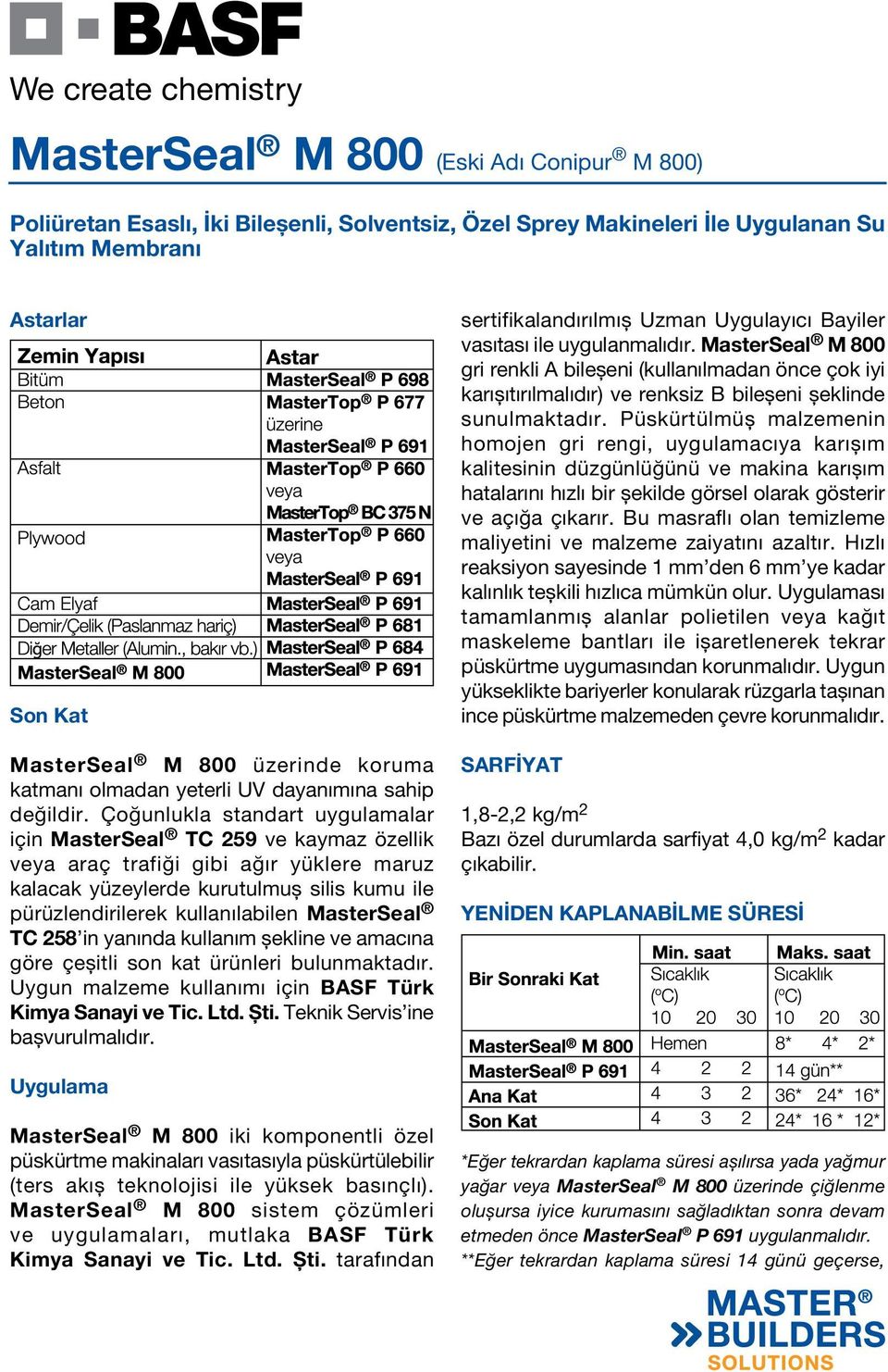 MasterSeal TC 258 in yanında kullanım şekline ve amacına göre çeşitli son kat ürünleri bulunmaktadır. Uygun malzeme kullanımı için BASF Türk Kimya Sanayi ve Tic. Ltd. Şti.