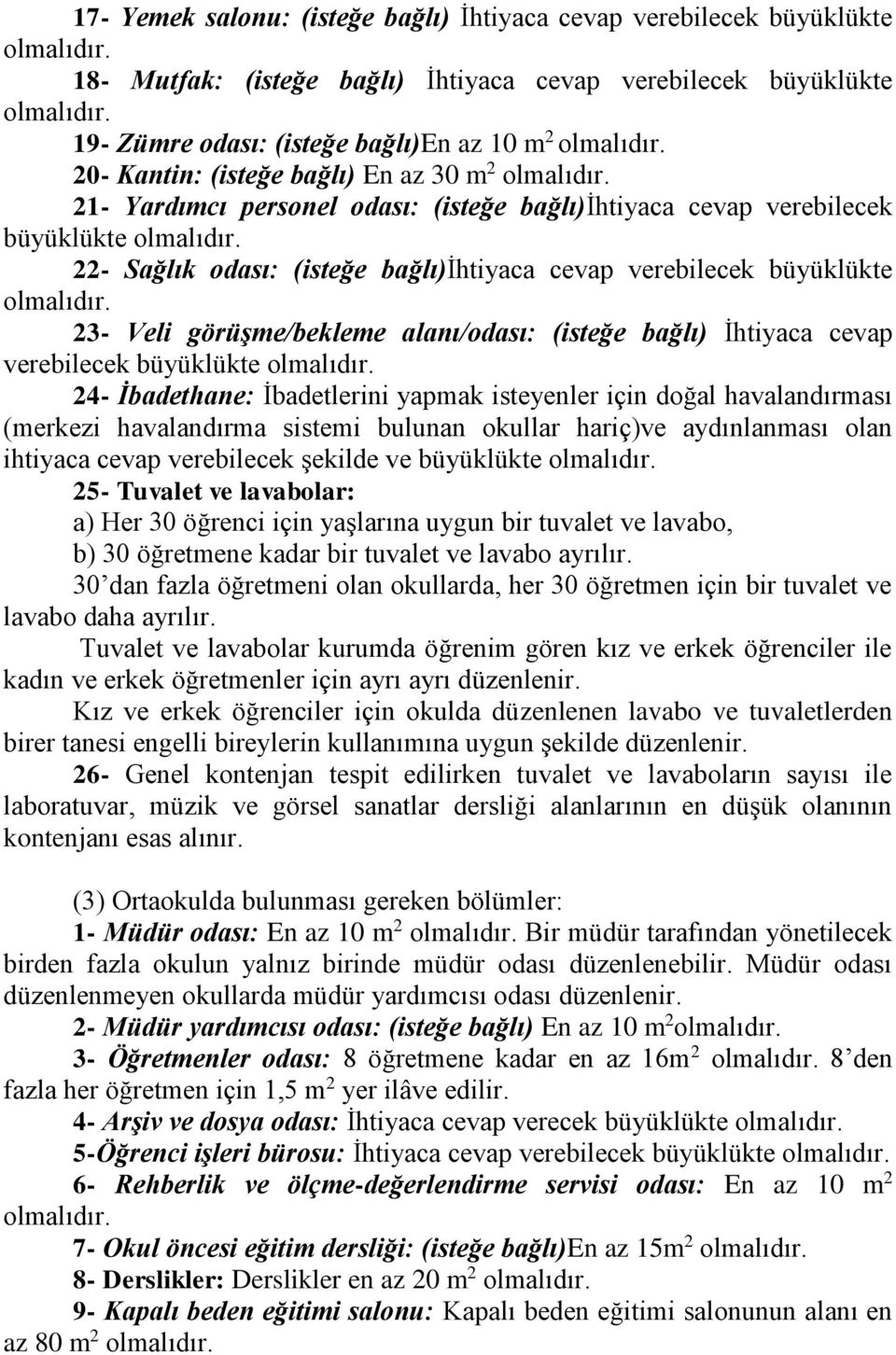 alanı/odası: (isteğe bağlı) İhtiyaca cevap verebilecek büyüklükte 24- İbadethane: İbadetlerini yapmak isteyenler için doğal havalandırması (merkezi havalandırma sistemi bulunan okullar hariç)ve