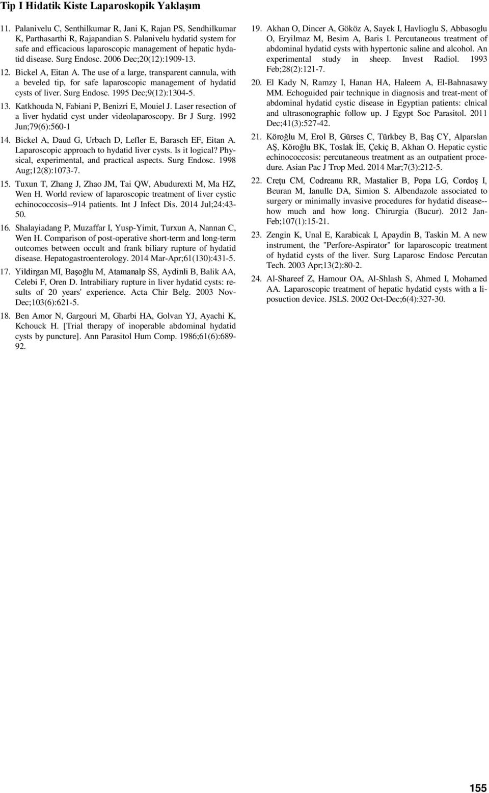 The use of a large, transparent cannula, with a beveled tip, for safe laparoscopic management of hydatid cysts of liver. Surg Endosc. 1995 Dec;9(12):1304-5. 13.