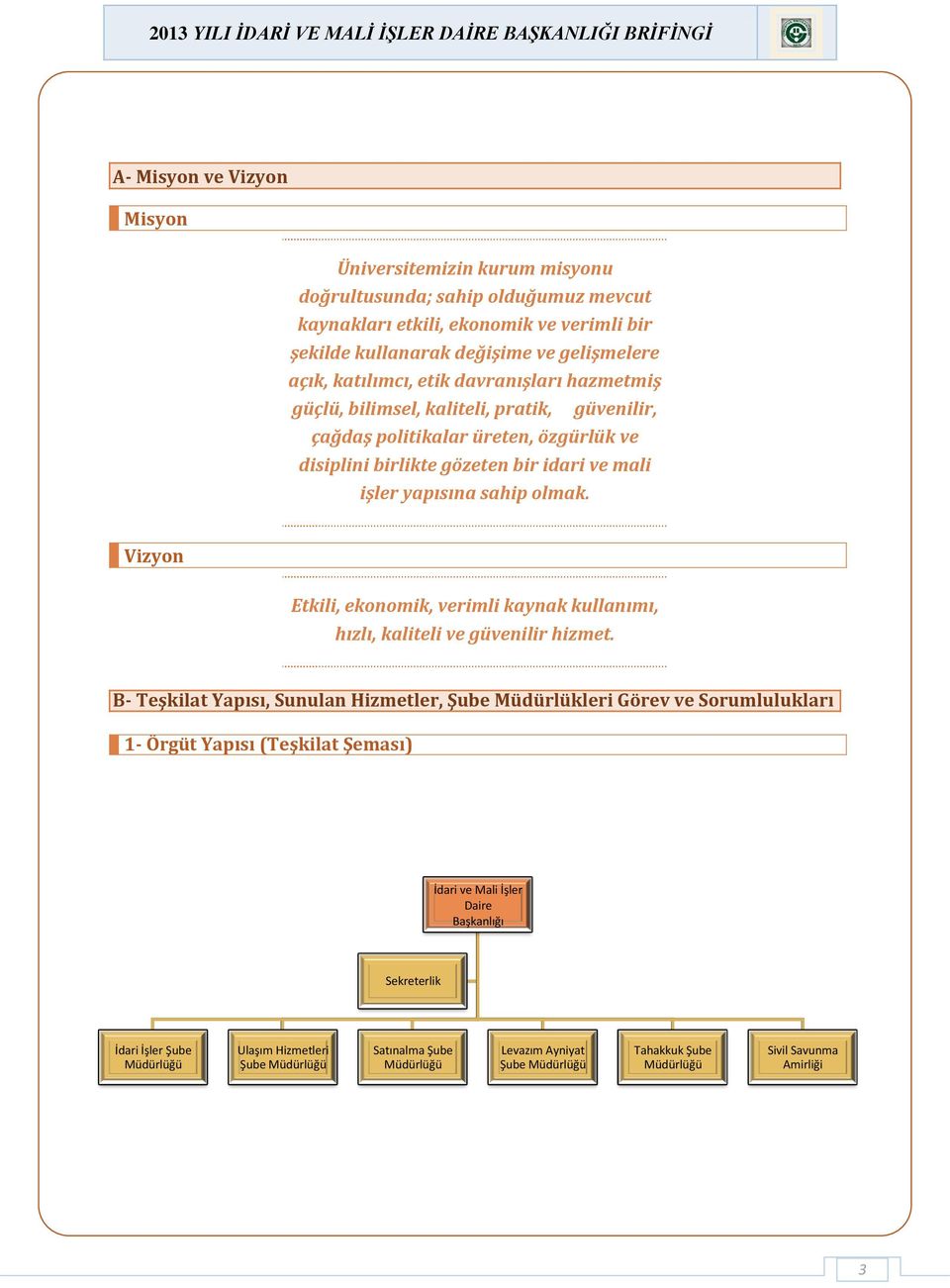 bir idari ve mali işler yapısına sahip olmak. Vizyon Etkili, ekonomik, verimli kaynak kullanımı, hızlı, kaliteli ve güvenilir hizmet.