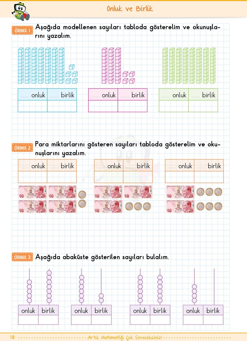 .. birlik ÖRNEK 2 Para miktarlarını gösteren sayıları tabloda gösterelim ve okunuşlarını yazalım.... onluk.