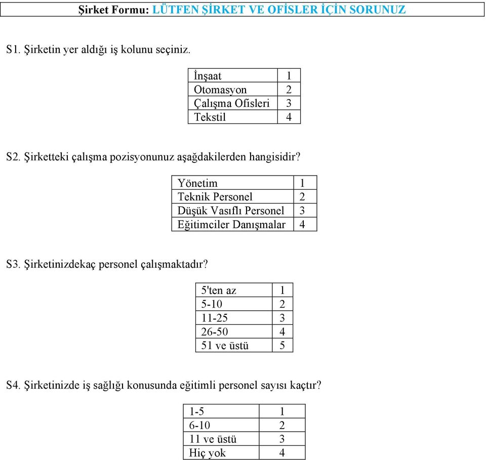 Yönetim 1 Teknik Personel 2 Düşük Vasıflı Personel 3 Eğitimciler Danışmalar 4 S3. Şirketinizdekaç personel çalışmaktadır?