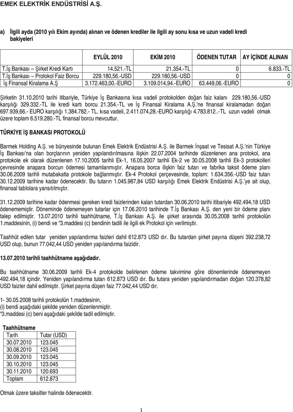 -EURO Şirketin 31.1.21 tarihi itibariyle, Türkiye İş Bankasına kısa vadeli protokolden doğan faiz kalanı 229.18,56.-USD karşılığı 329.332.-TL ile kredi kartı borcu 21.354.