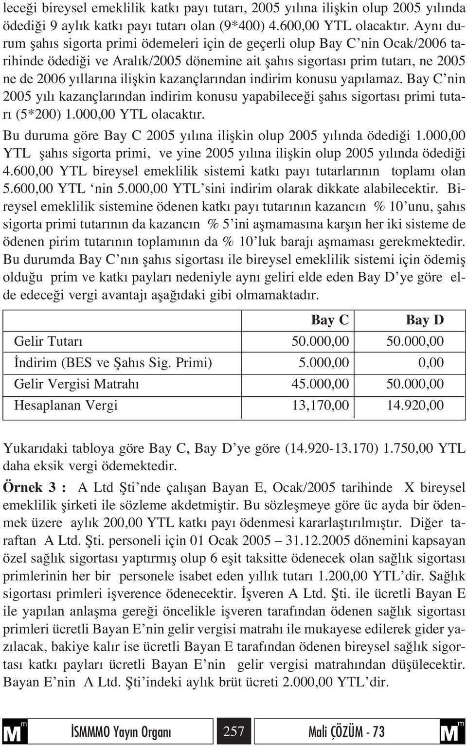 kazançlar ndan indirim konusu yap lamaz. Bay C nin 2005 y l kazançlar ndan indirim konusu yapabilece i flah s sigortas primi tutar (5*200) 1.000,00 YTL olacakt r.