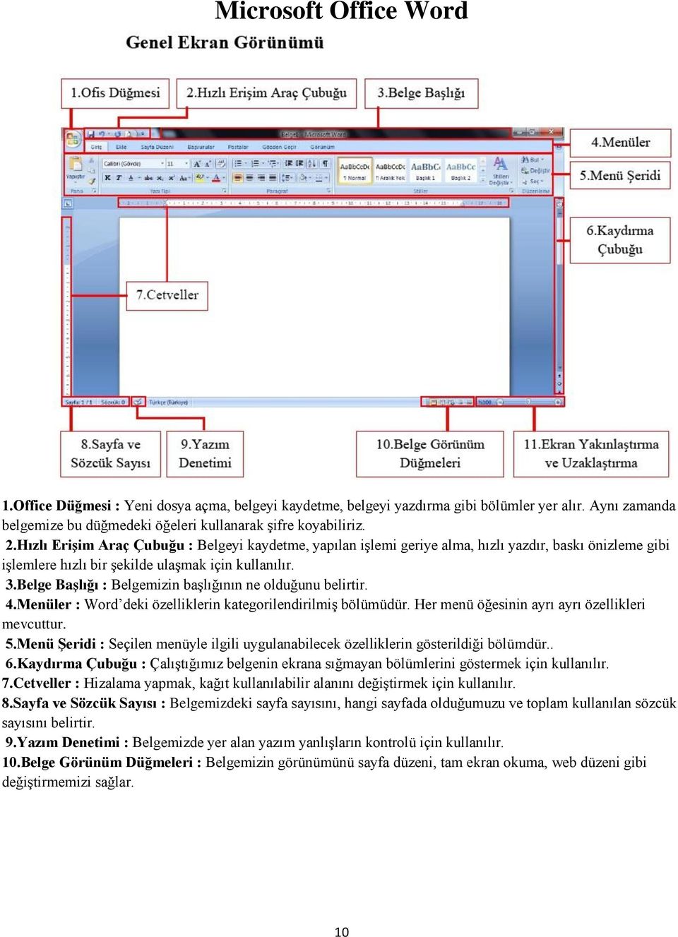 Belge Başlığı : Belgemizin başlığının ne olduğunu belirtir. 4.Menüler : Word deki özelliklerin kategorilendirilmiş bölümüdür. Her menü öğesinin ayrı ayrı özellikleri mevcuttur. 5.