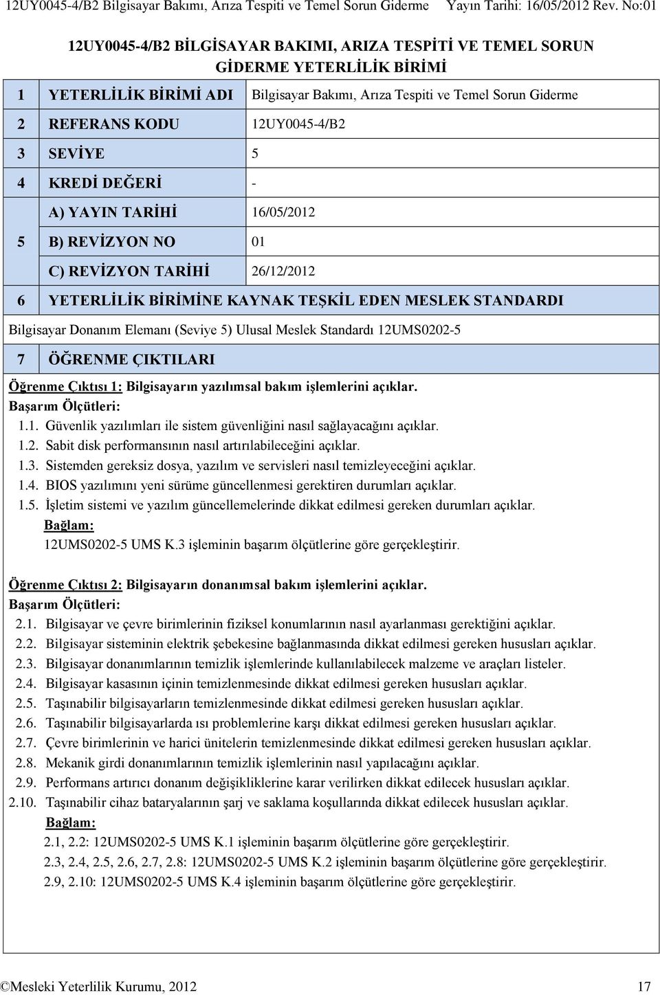 BİRİMİNE KAYNAK TEŞKİL EDEN MESLEK STANDARDI Bilgisayar Donanım Elemanı (Seviye 5) Ulusal Meslek Standardı 12UMS0202-5 7 ÖĞRENME ÇIKTILARI Öğrenme Çıktısı 1: Bilgisayarın yazılımsal bakım işlemlerini