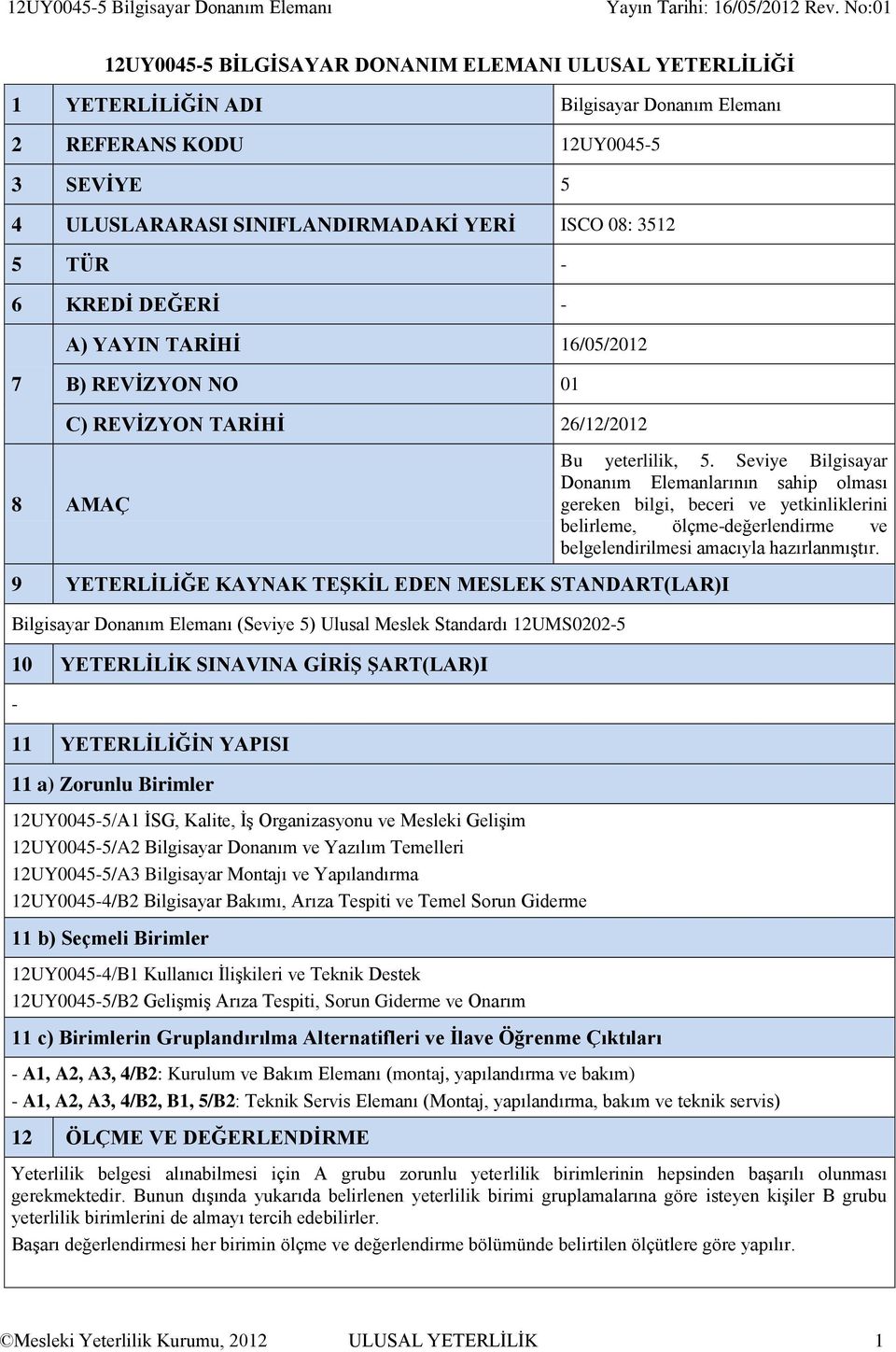 Seviye Bilgisayar Donanım Elemanlarının sahip olması gereken bilgi, beceri ve yetkinliklerini belirleme, ölçme-değerlendirme ve belgelendirilmesi amacıyla hazırlanmıştır.