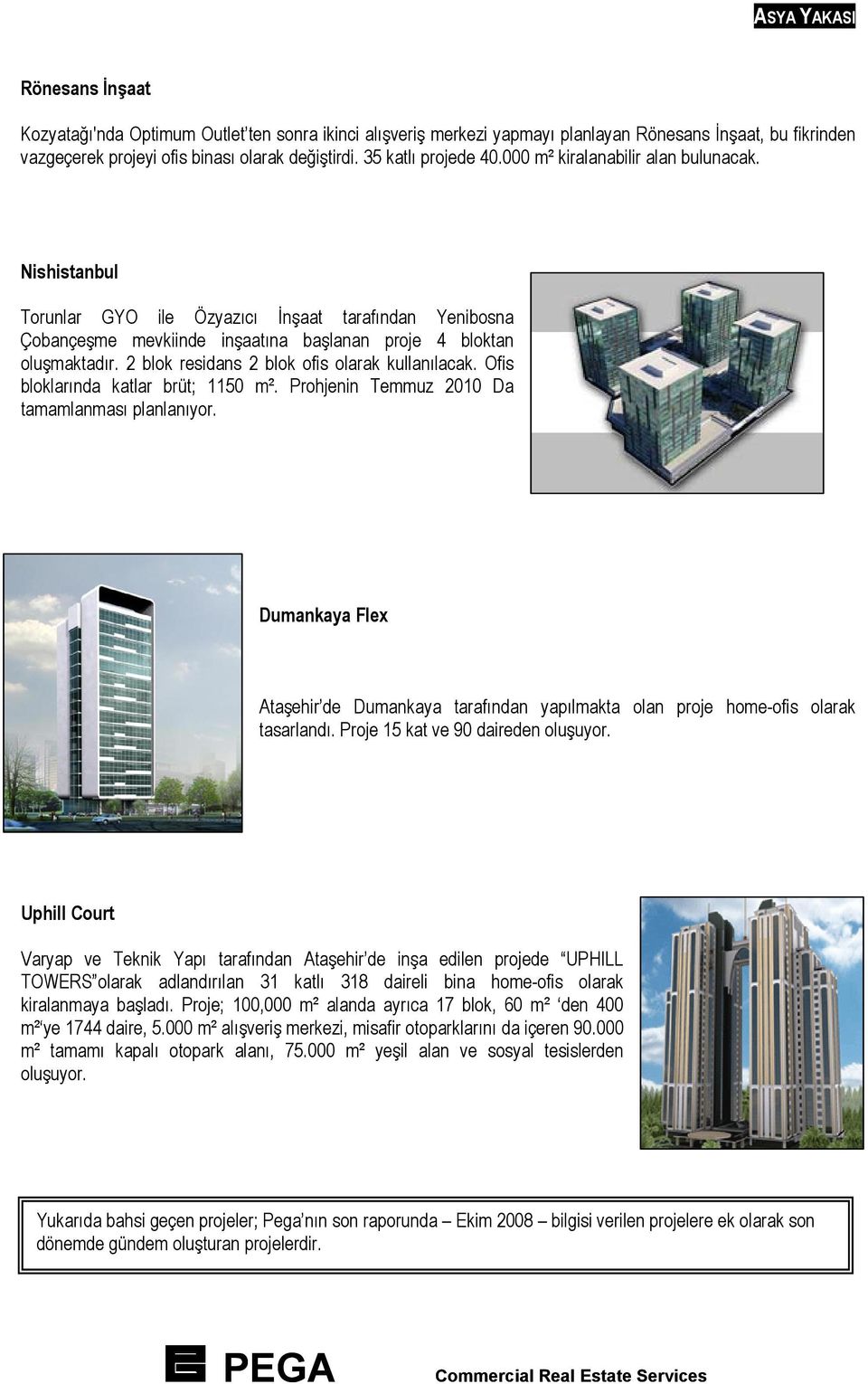 2 blok residans 2 blok ofis olarak kullanılacak. Ofis bloklarında katlar brüt; 1150 m². Prohjenin Temmuz 2010 Da tamamlanması planlanıyor.