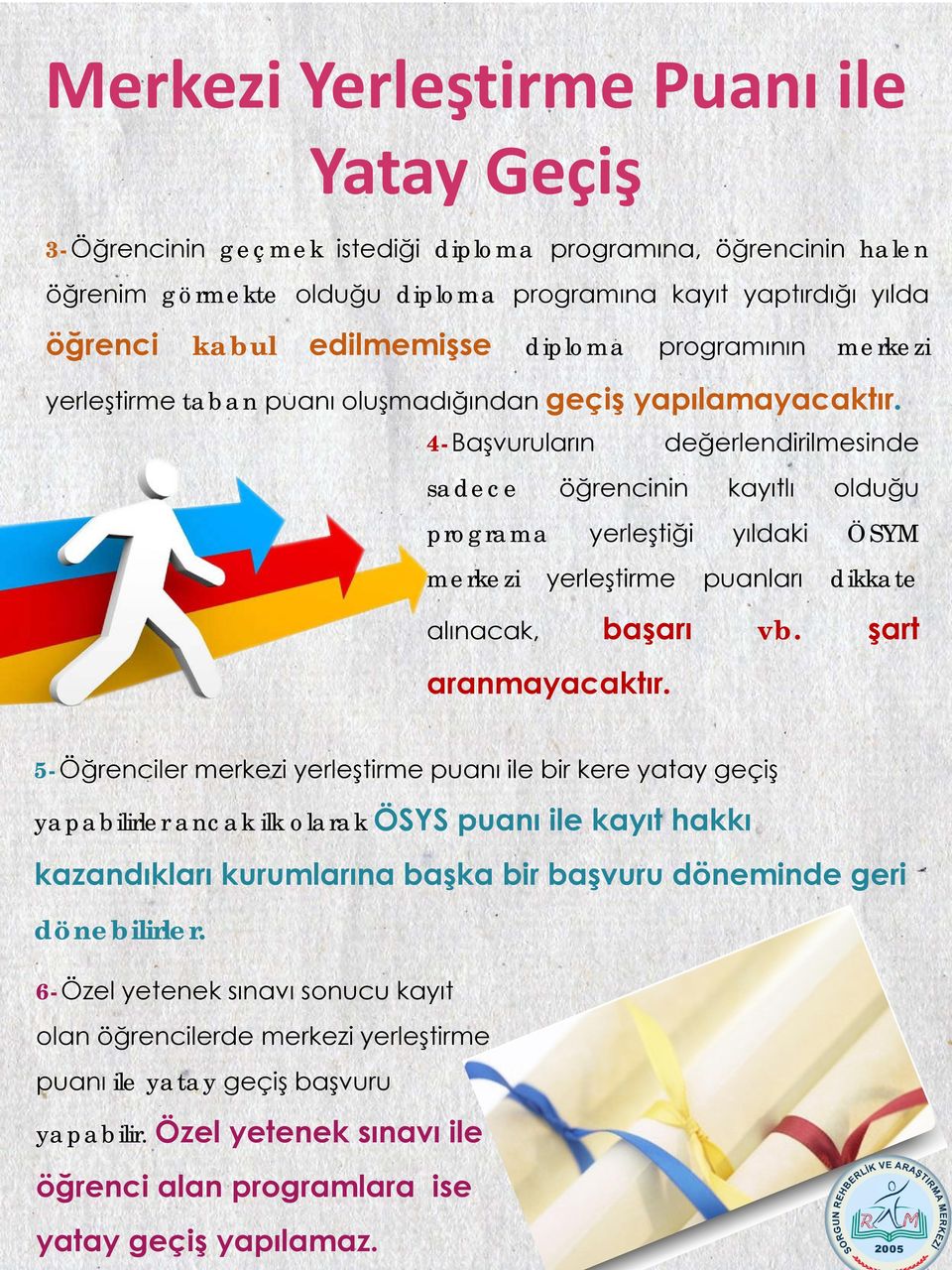 4-Başvuruların değerlendirilmesinde sadece öğrencinin kayıtlı olduğu programa yerleştiği yıldaki ÖSYM merkezi yerleştirme puanları dikkate alınacak, başarı vb. şart aranmayacaktır.