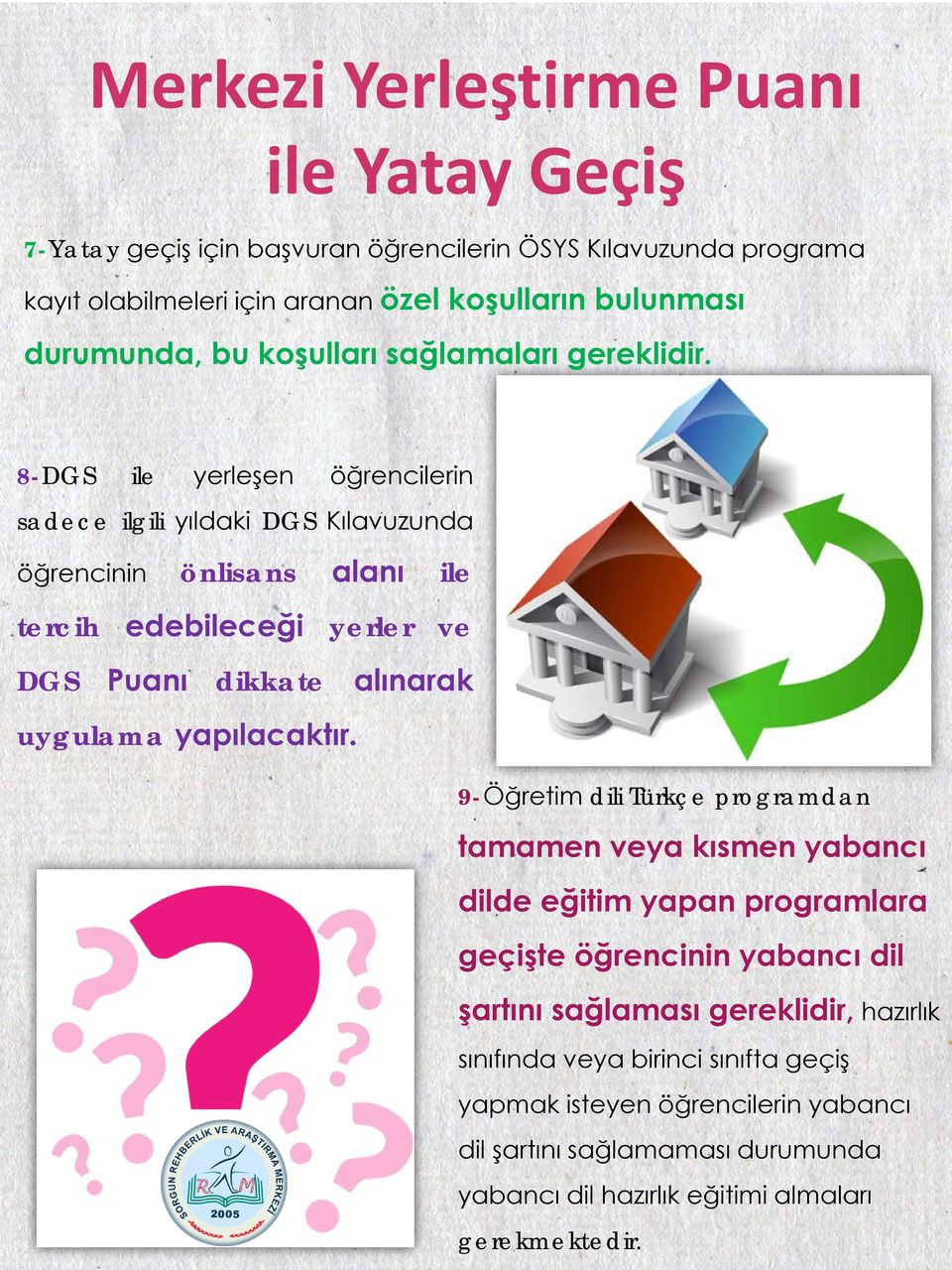 8-DGS ile yerleşen öğrencilerin sadece ilgili yıldaki DGS Kılavuzunda öğrencinin önlisans alanı ile tercih edebileceği yerler ve DGS Puanı dikkate alınarak uygulama yapılacaktır.