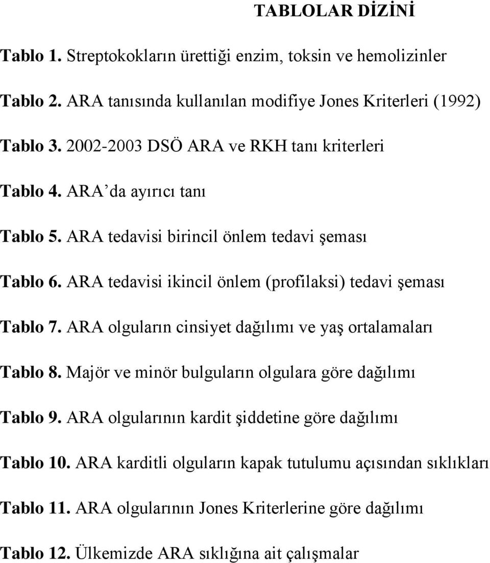 ARA tedavisi ikincil önlem (profilaksi) tedavi şeması Tablo 7. ARA olguların cinsiyet dağılımı ve yaş ortalamaları Tablo 8.