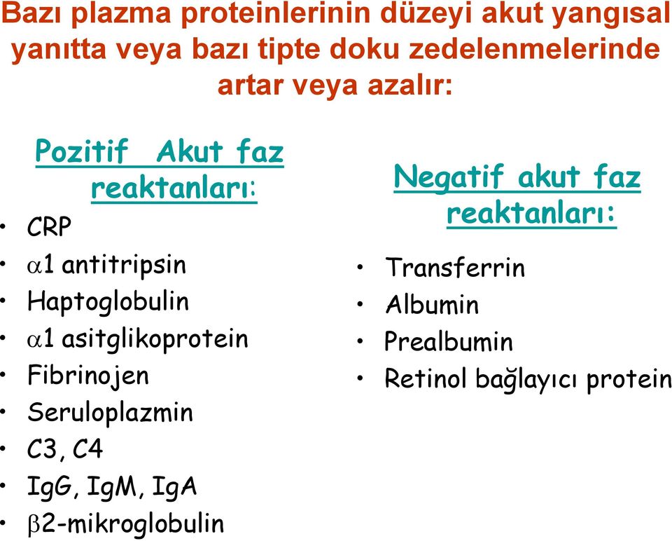Haptoglobulin 1 asitglikoprotein Fibrinojen Seruloplazmin C3, C4 IgG, IgM, IgA