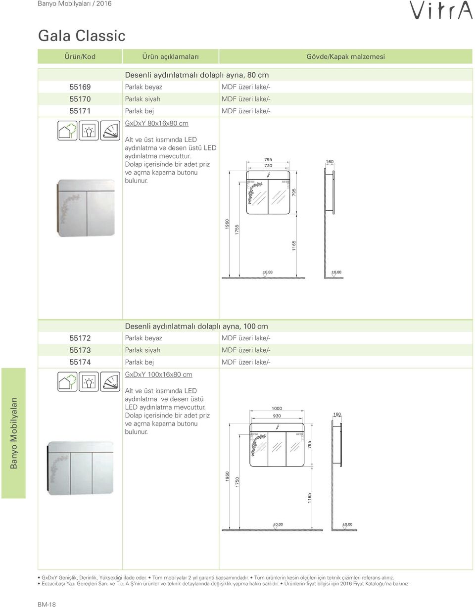 Desenli aydınlatmalı dolaplı ayna, 100 cm 55172 Parlak beyaz MDF üzeri lake/- 55173 Parlak siyah MDF üzeri lake/- 55174 Parlak bej MDF üzeri lake/- GxDxY 100x16x80 cm Alt ve üst  GxDxY Genişlik,