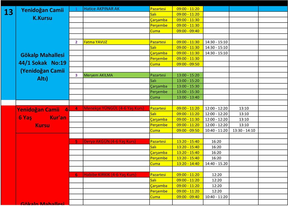14:30-15:10 Salı 09:00-11:30 14:30-15:10 14:30-15:10 Perşembe 09:00-11:30 Cuma 09:00-09:50 3 Meryem AKILMA Pazartesi 13:00-15:20 Salı 13:00-15:20 Çarşamba 13:00-15:30 Perşembe 13:00-15:30 Cuma