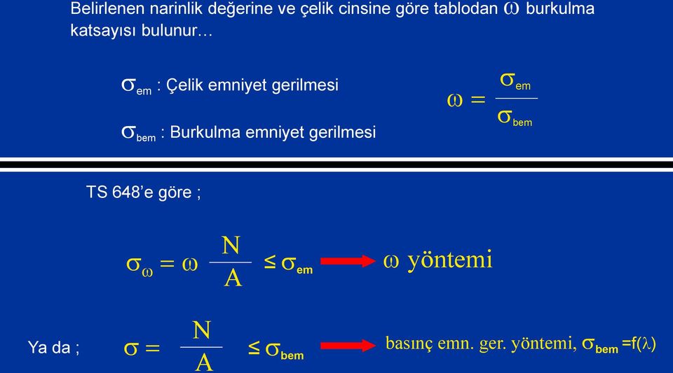 Burkulma emniyet gerilmesi w = s em s bem TS 648 e göre ; N s w = w