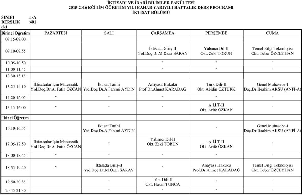 20-15.05 15.15-16.00 A.İ.İ.T-II Okt. Arife ÖZKAN İktisat Tarihi Genel Muhasebe-I Doç.Dr.İbrahim AKSU (ANFİ-A) 17.05-17.50 İktisatçılar İçin Matematik Yrd.Doç.Dr.A. Fatih ÖZCAN Yabancı Dil-II Okt.